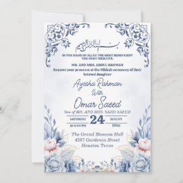 Invitación blanca floral Nikkah azul blanco
