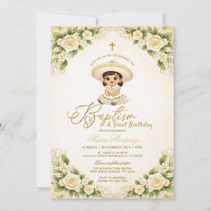Invitación Blanca Floral Oro Niña Charra Bautizo Cumpleaños 1