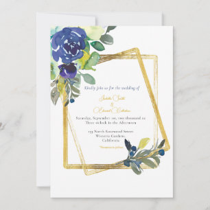 Invitación blanca floral oscura azul y amarilla de