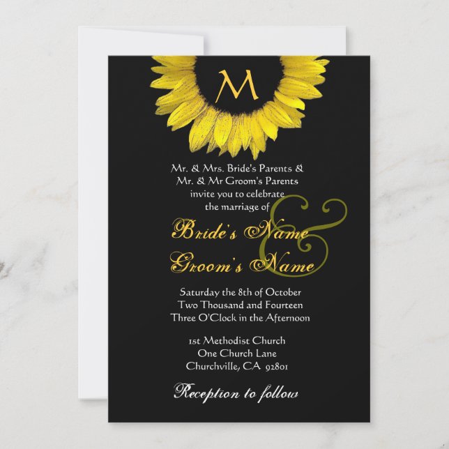 Invitación blanca negra amarilla de la boda del (Anverso)