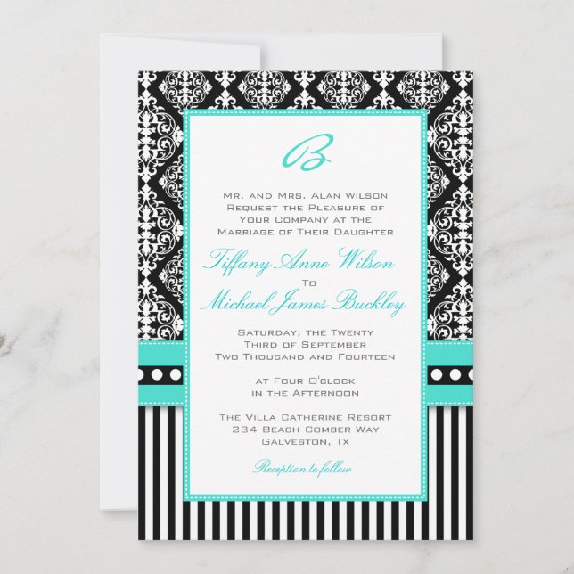 Invitación blanca negra del boda de la turquesa (Anverso)
