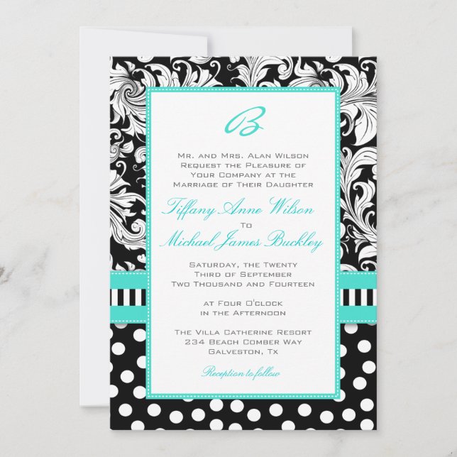 Invitación blanca negra del boda de la turquesa (Anverso)