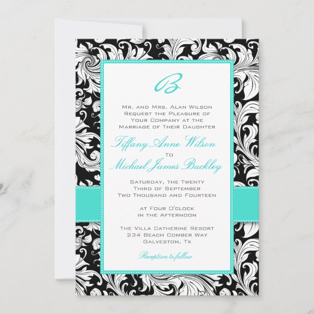 Invitación blanca negra del boda de la turquesa (Anverso)