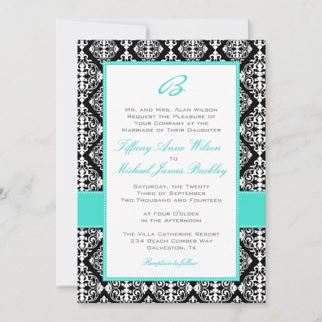 Invitación blanca negra del boda de la turquesa (Anverso)