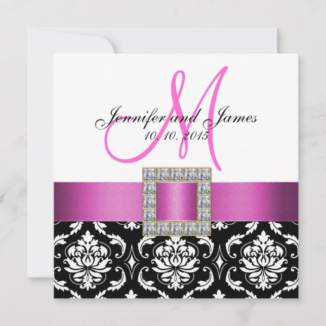 Invitación blanca negra rosada de la boda del (Anverso)
