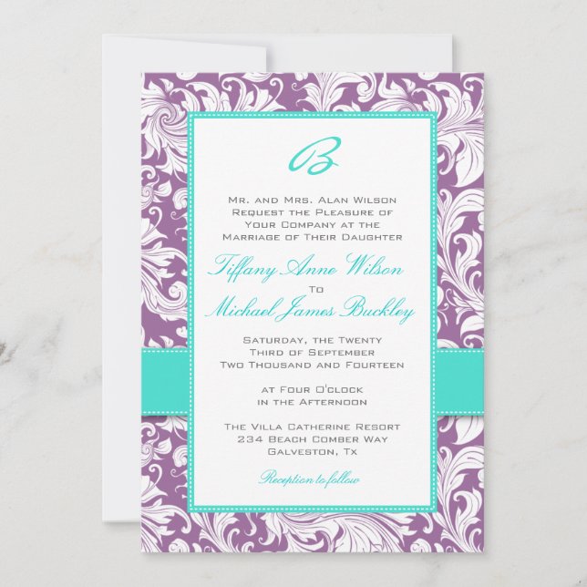 Invitación blanca púrpura del boda de la turquesa (Anverso)