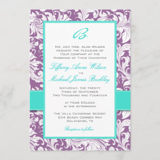 Invitación blanca púrpura del boda de la turquesa