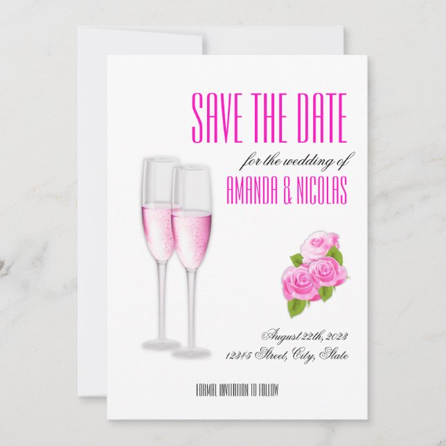 Invitación Blanca rosa elegante moderna Save The Date Boda  (Anverso)