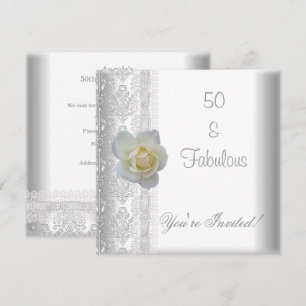 Invitación Blanca Rosa Flor Fabuloso Cumpleaños 50 Fiesta