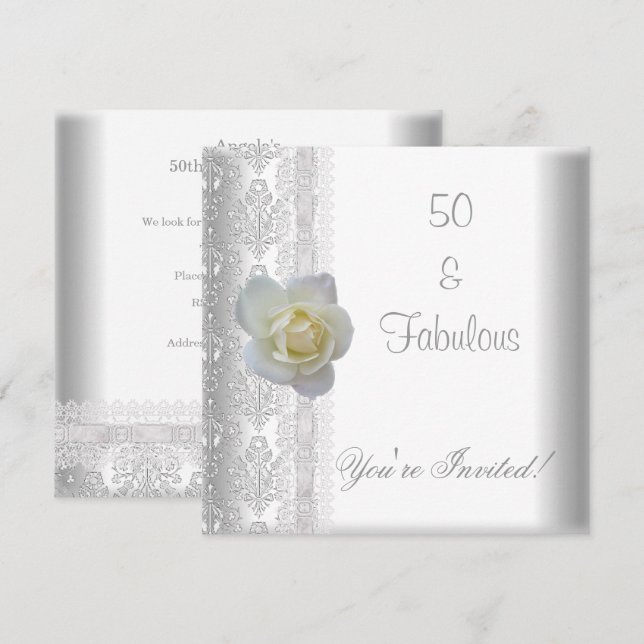 Invitación Blanca Rosa Flor Fabuloso Cumpleaños 50 Fiesta (Anverso / Reverso)