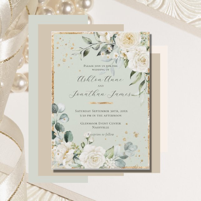 Invitación Blanca Roses Dorado Sage Green Elegant Wedding (Subido por el creador)