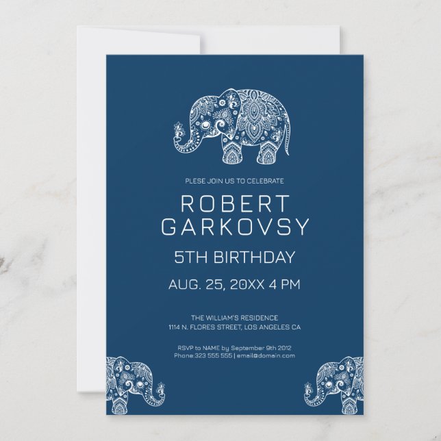 Invitación blanca sobre elefante floral azul (Anverso)