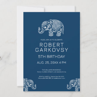 Invitación blanca sobre elefante floral azul