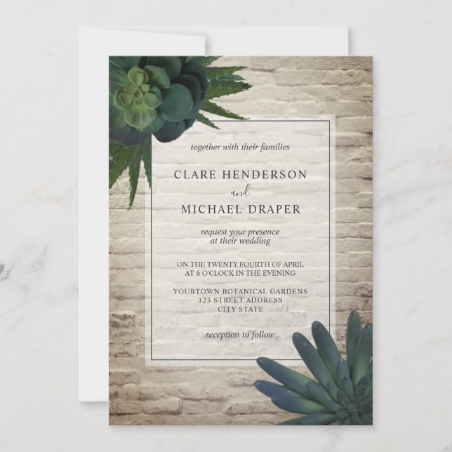 Invitación blanca suculenta de la boda del (Anverso)