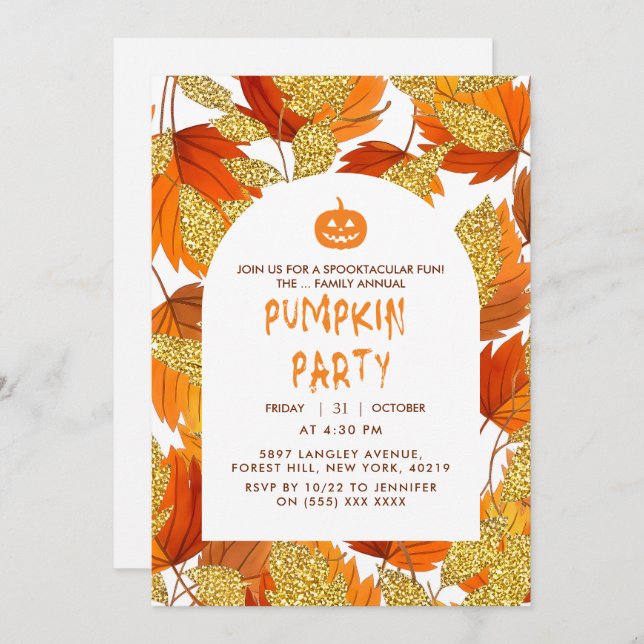 Invitación Blanca | Un Purpurina falso moderno deja Halloween (Anverso / Reverso)