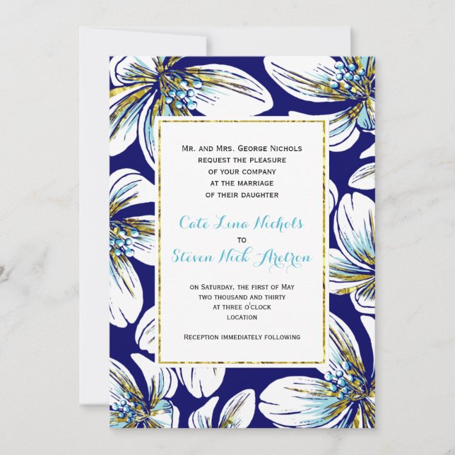 Invitación Blanco, aqua, Relieve metalizado dorado boda azul  (Anverso)