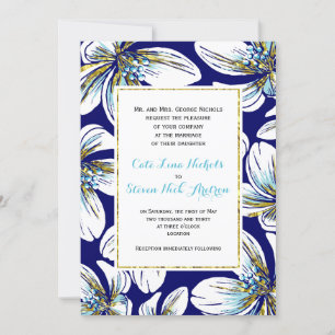 Invitación Blanco, aqua, Relieve metalizado dorado boda azul 