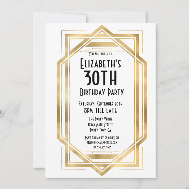 Invitación Blanco Art Deco de los años 20 de Gatsby | Oro 30  (Anverso)