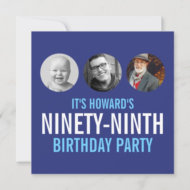 Invitación Blanco azul 99ª foto personalizado de cumpleaños 3 (Anverso)