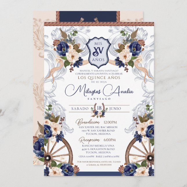 Invitación Blanco Azul de la Marina Elegante Carro Barroco Qu (Anverso / Reverso)