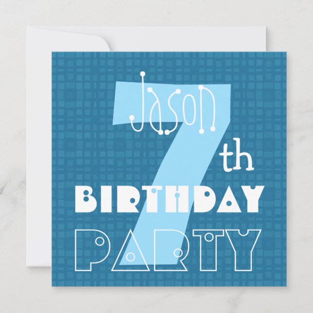 Invitación Blanco azul de siete años de edad del niño 7 años  (Anverso)