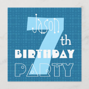 Invitación Blanco azul de siete años de edad del niño 7 años