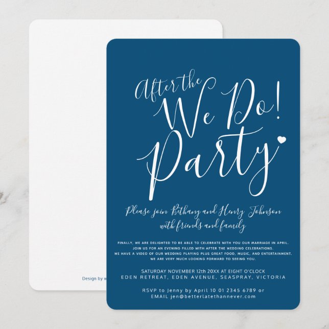 Invitación Blanco azul después del boda tras fiesta (Anverso / Reverso)
