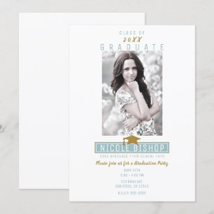 Invitación Blanco Azul Dorado Moderno Fotos Fiesta de Graduac