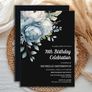 Invitación Blanco Azul Floral Negro Cumpleaños 70 de Mujer