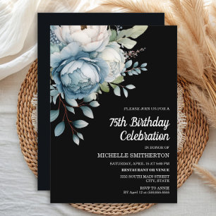 Invitación Blanco Azul Floral Negro Cumpleaños 75 de Mujer