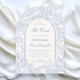 Invitación Blanco azul floral pájaro artístico