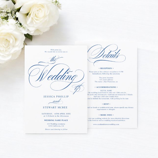 Invitación blanco azul moda todo en un boda de caligrafía (Chic blue white all in one calligraphy wedding invitation)