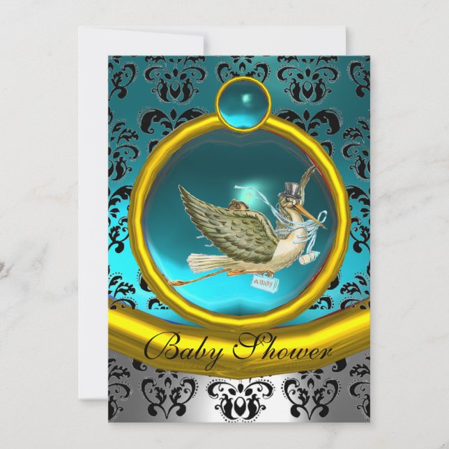 INVITACIÓN BLANCO AZUL ORO DAMASK STORK BABY SHOWER MONOGRAM (Anverso)