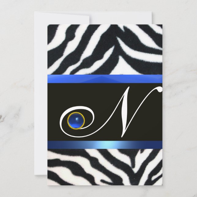 Invitación BLANCO BLANCO AZUL ZEBRA FUR MONOGRAM,Sapphire (Anverso)