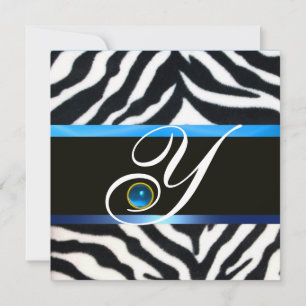 Invitación BLANCO BLANCO AZUL ZEBRA FUR MONOGRAM,Sapphire