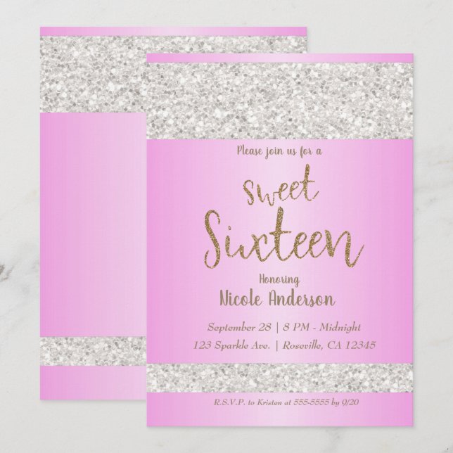 Invitación Blanco Brillo Destello Rosa Dulces 16 Dieciséis Fi (Anverso / Reverso)