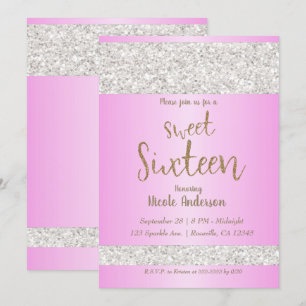 Invitación Blanco Brillo Destello Rosa Dulces 16 Dieciséis Fi