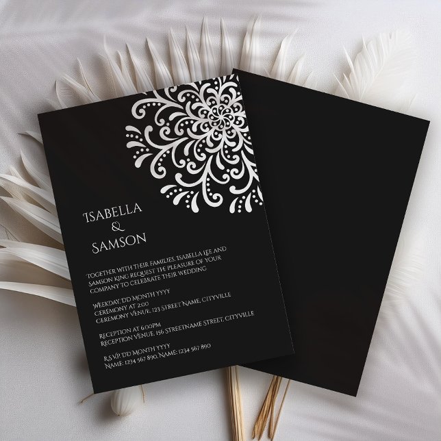 Invitación Blanco caprichoso sobre el Boda florido negro (Subido por el creador)