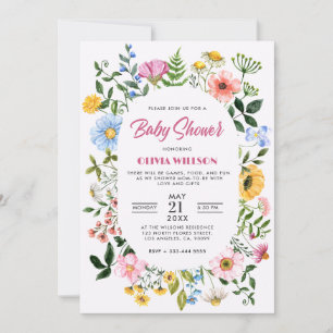 Invitación Blanco con marco floral verde ducha bebé