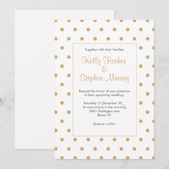 Invitación Blanco con puntos de polka de oro (Anverso / Reverso)