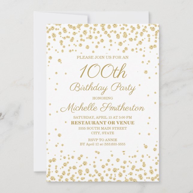 Invitación Blanco con Purpurina de oro 100 cumpleaños (Anverso)