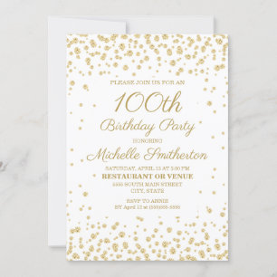 Invitación Blanco con Purpurina de oro 100 cumpleaños