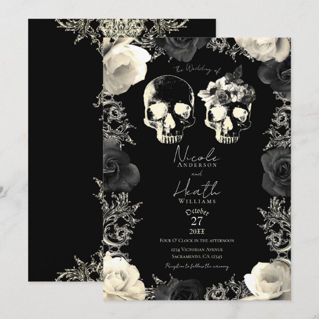 Invitación Blanco Crema Gris Esqueleto Calavera Gótico Boda   (Anverso / Reverso)
