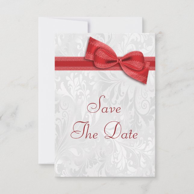 Invitación Blanco Damasco y Lazo Falso Save The Date (Anverso)