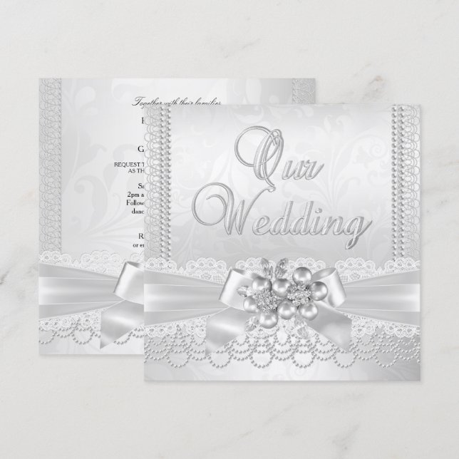 Invitación Blanco de Boda Perla Plateada Encaje Damask Diaman (Anverso / Reverso)
