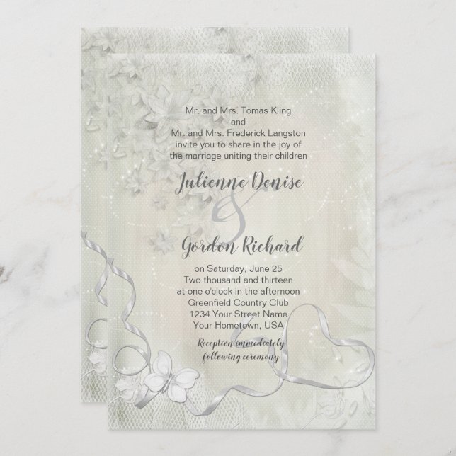 Invitación Blanco de cosecha en Boda de mariposa floral blanc (Anverso / Reverso)