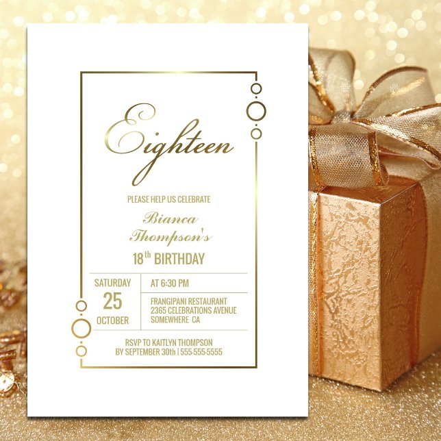 Invitación Blanco de cumpleaños 18 con Fiesta de marco dorado (Subido por el creador)