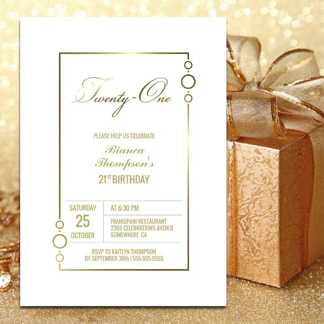 Invitación Blanco de cumpleaños 21 con Fiesta de marco dorado (Subido por el creador)