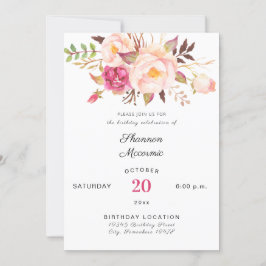 Invitación Blanco de cumpleaños floral de color rosa Rubor fl