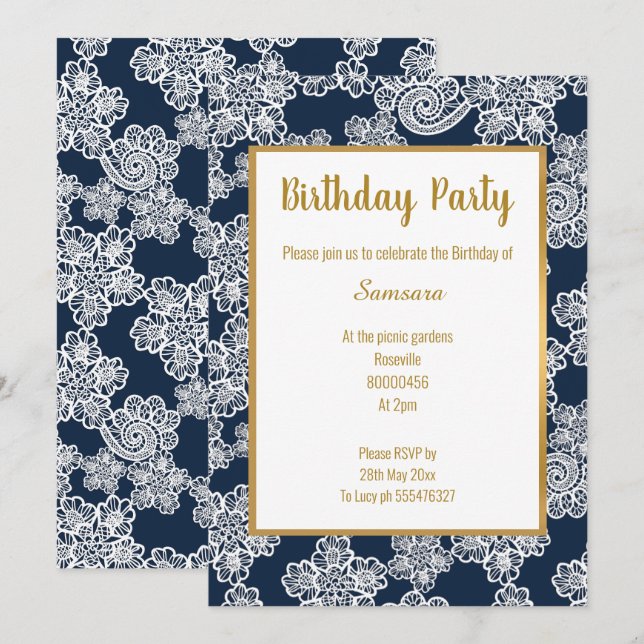 INVITACIÓN BLANCO DE LA MARINA LACE GOLD TRIM ELEGANTE CUMPLE (Anverso / Reverso)